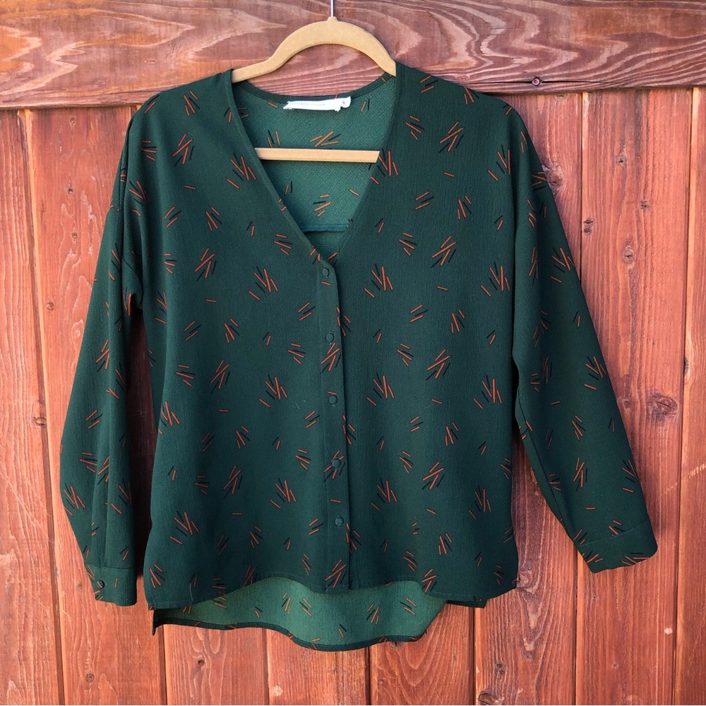 Green button up office blouse
